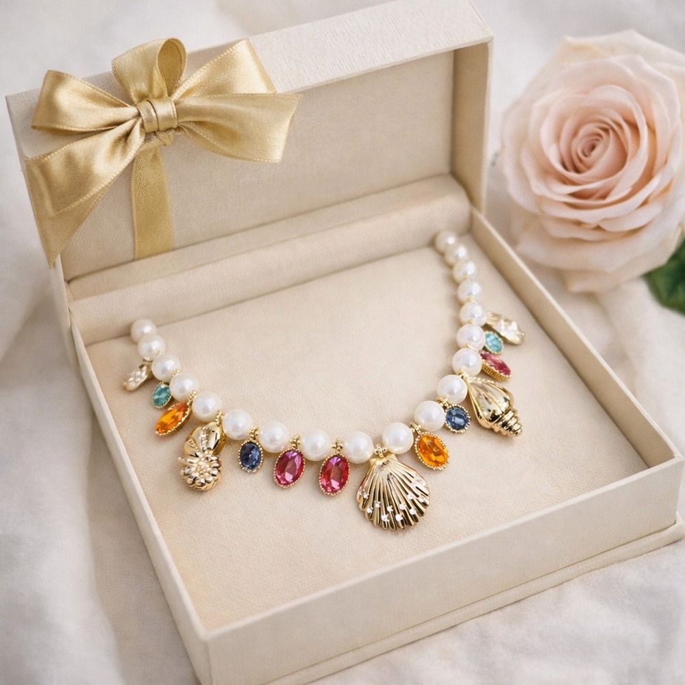 Necklace‎ Gold-Tone Pavé Shell & Stone Charm Imitation Pearl Necklace
